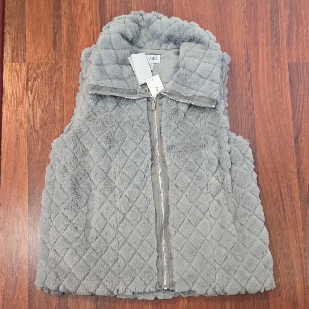 Carmen Marc Valvo Gray Faux Fur Vest Medium NWT